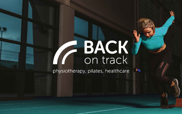 Back on Track physiotherapy logo on an image of a female athlete sprinting from the starting blocks witha blue theme.