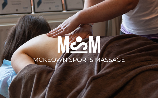 McKeown's Sports Massage Logo on an image of a physiotherapist giving a back massage to a young woman.