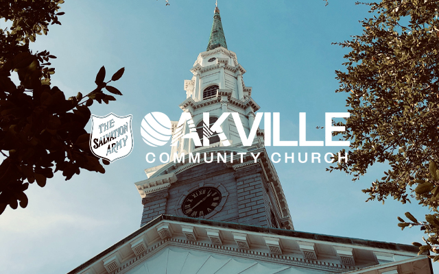 The Salvation Army Oakville Community Church Logo on the background of a photograph of a Church in summer.