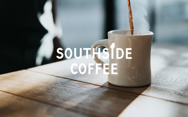 Southside Coffee Roasters Logo on a photography of someone pouring hot coffee into a white mug.