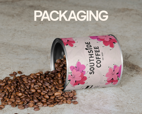 A spilled over coffee can with coffee beans flowing on counter. The title states, Packaging.