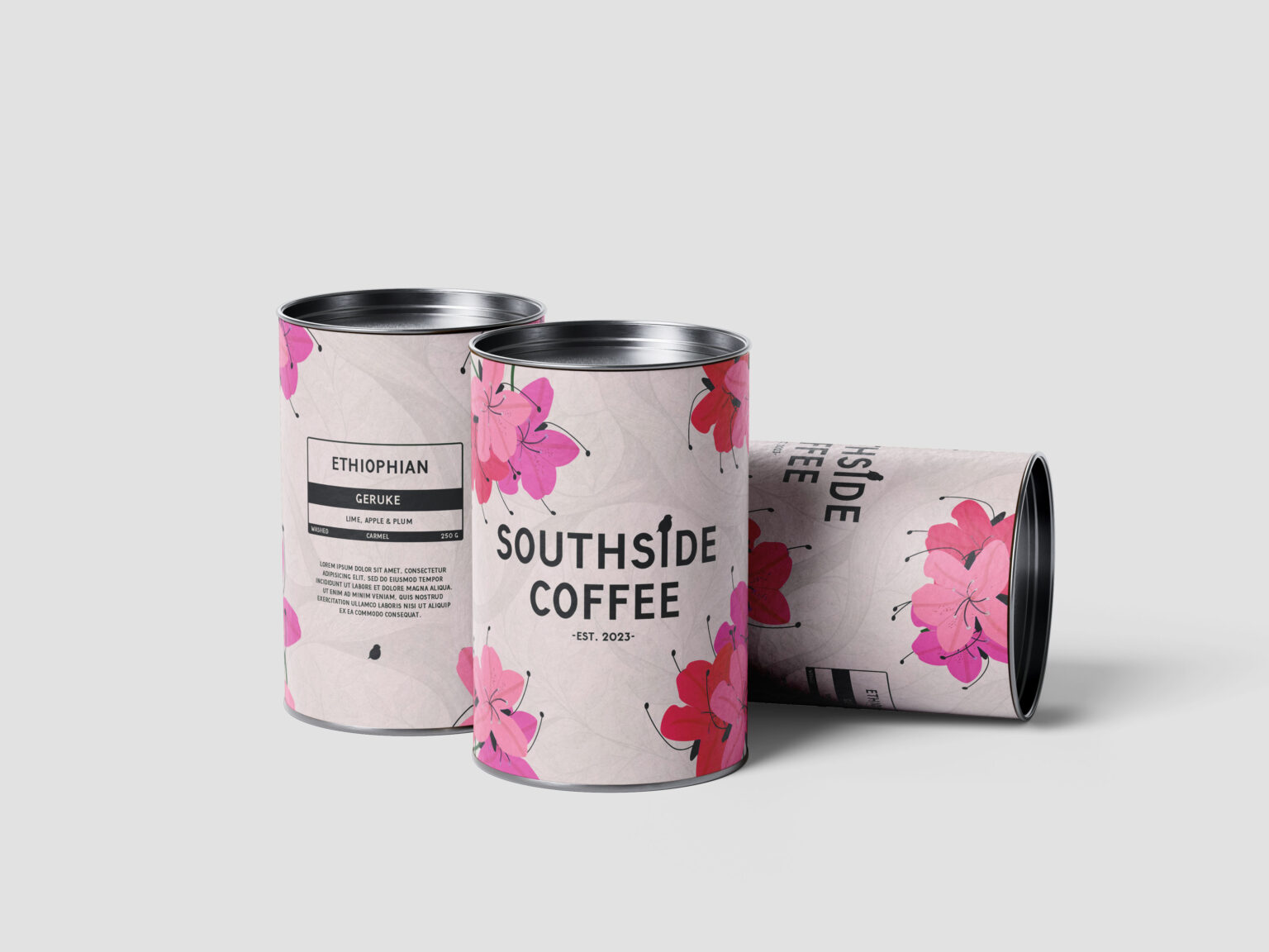 A coffee brand featuring a group of cans with flowers on them. Connect with 55 Online